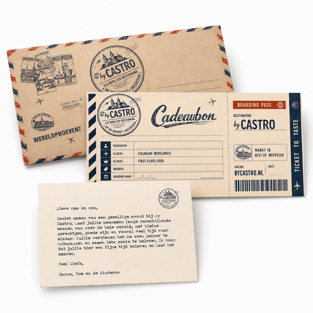 Cadeaubon met airmail-envelop en een persoonlijke boodschap op papier