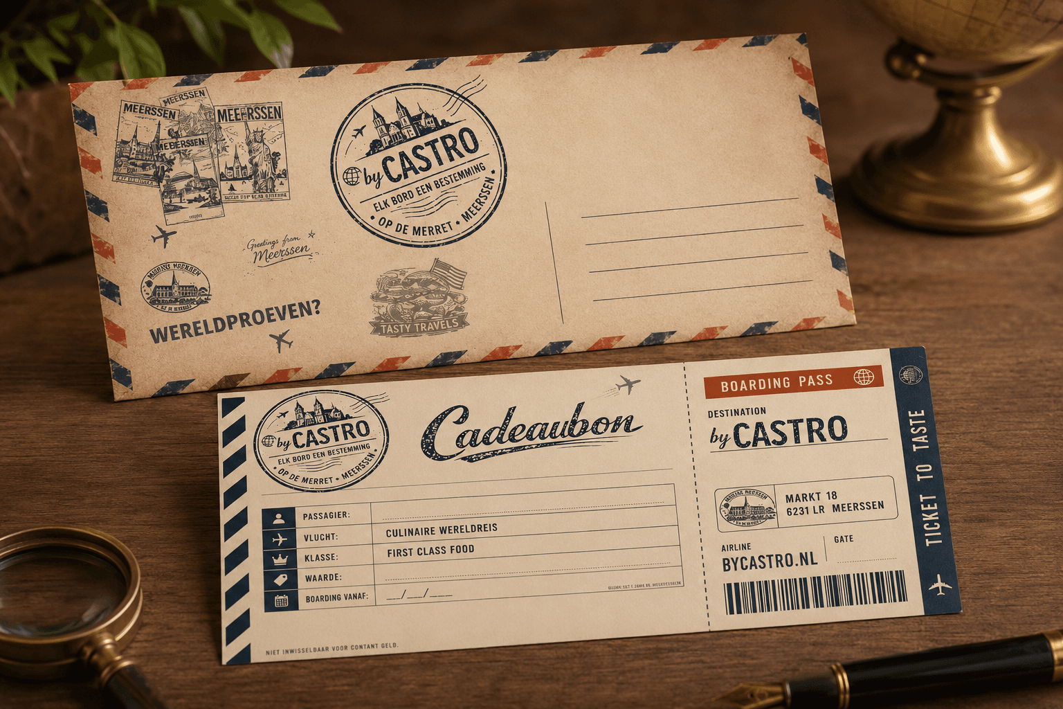De cadeaubon en airmail-envelop van By Castro op tafel