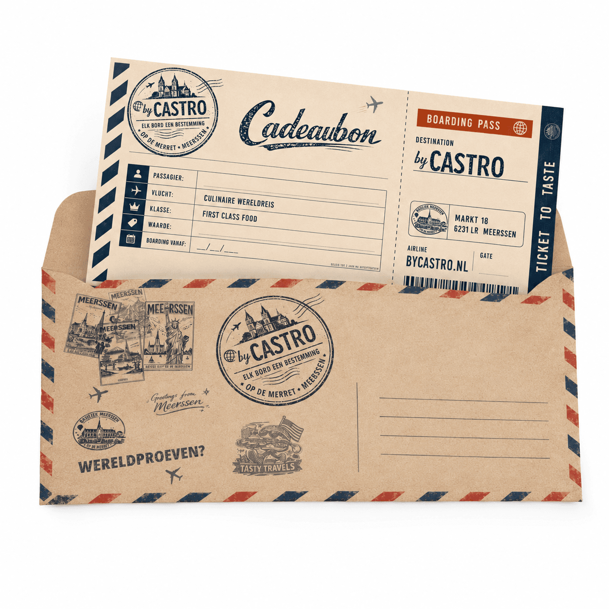 De boarding-pass cadeaubon steekt uit de Greetings from Meerssen airmail-envelop