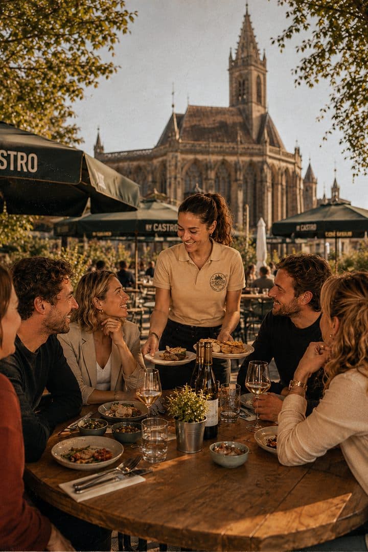 Gasten aan tafel op het terras van By Castro aan de Merret in Meerssen, met de basiliek op de achtergrond
