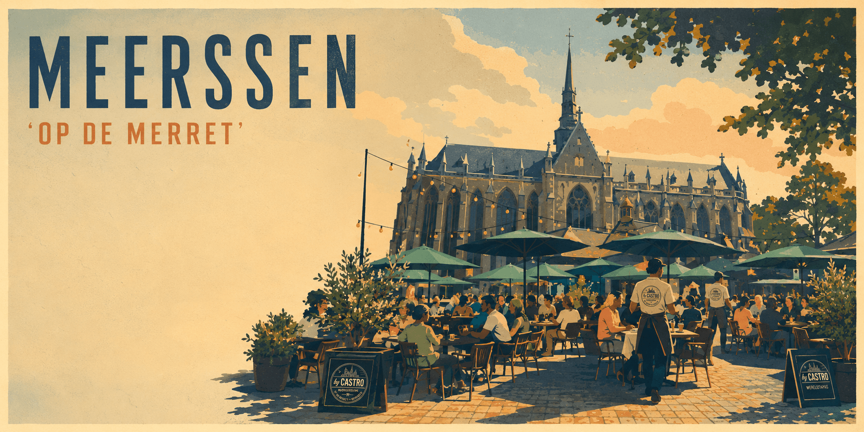 Retro illustratie van de Markt in Meerssen: de Merret, met de basiliek