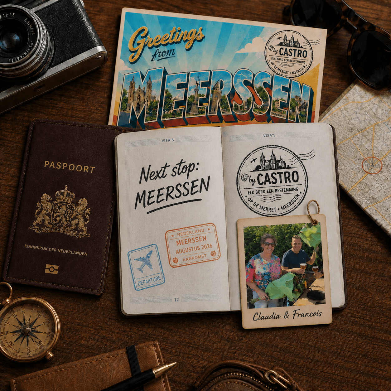 Reisdagboek met paspoort, een ansichtkaart van Meerssen en een polaroid van Claudia en Francois. By Castro opent augustus 2026 aan Markt 18 in Meerssen.