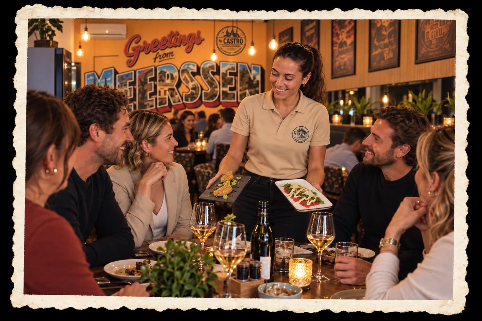By Castro ansichtkaart: gasten aan tafel krijgen gyoza en carpaccio geserveerd voor de Greetings from Meerssen-muur.