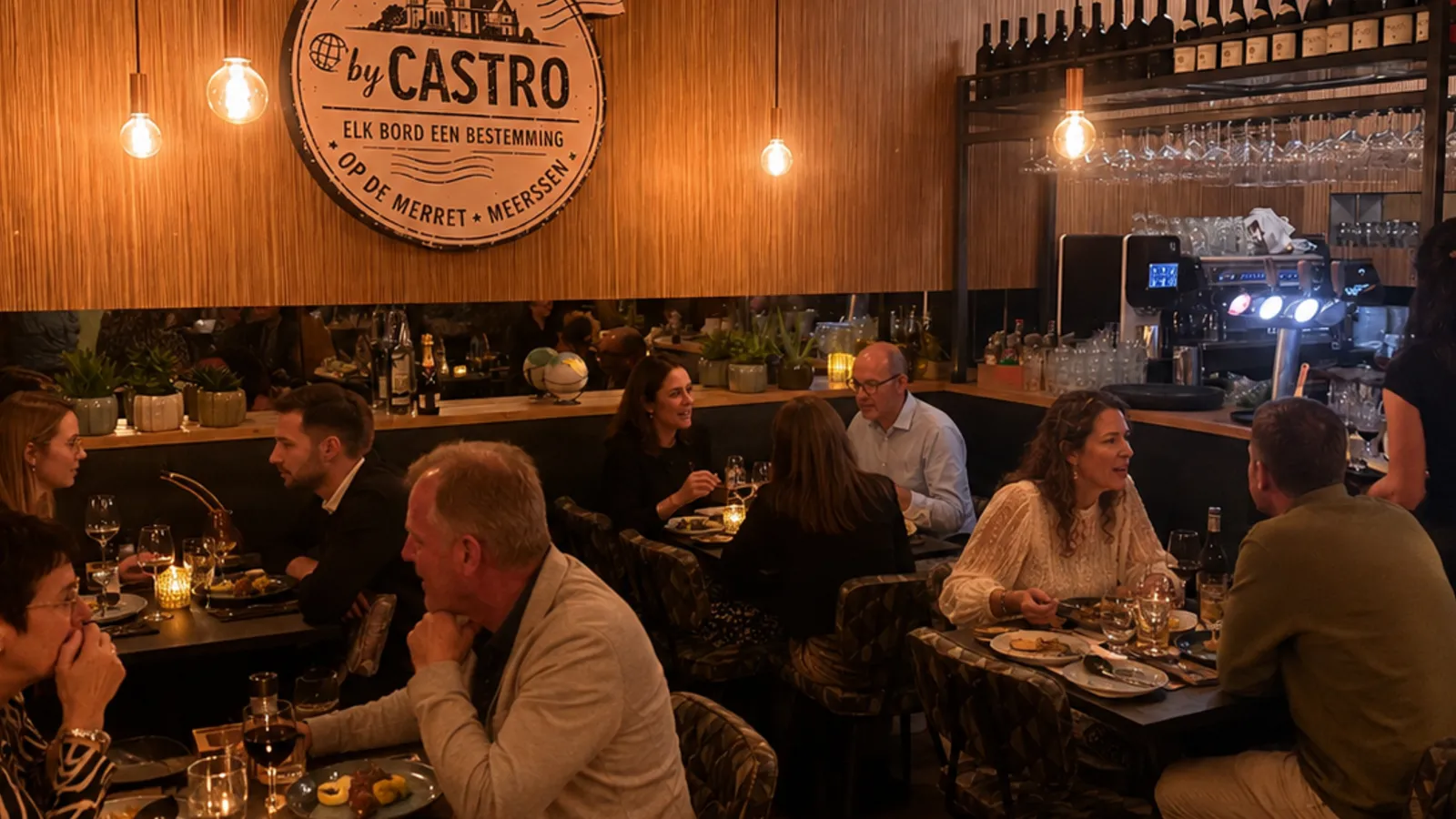 De bar van By Castro met het logo aan de wand
