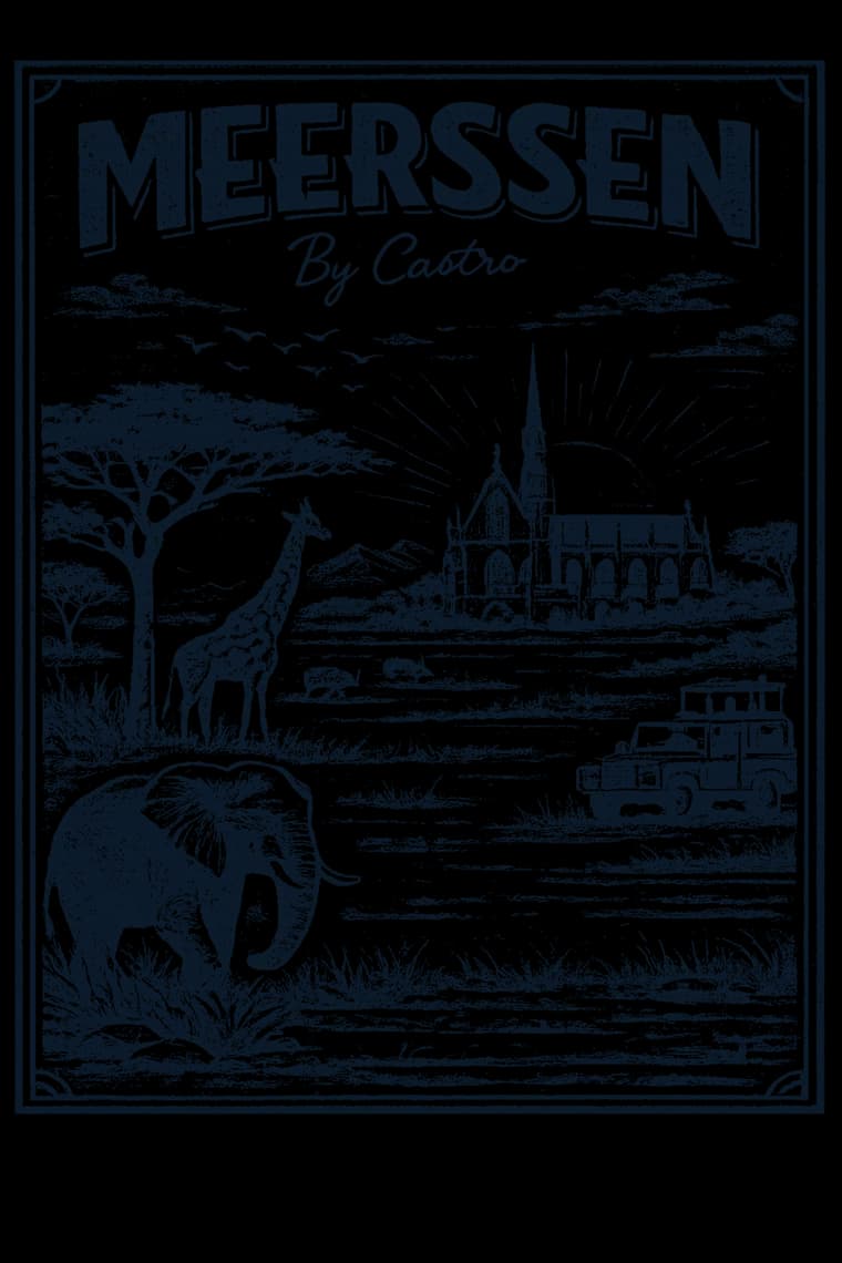 Vintage reisposter van Meerssen als Afrika: de basiliek op de savanne, met olifant en giraf