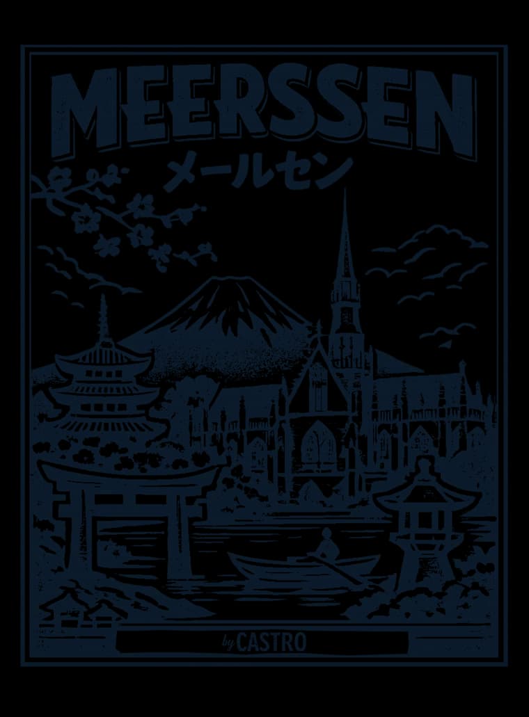Vintage reisposter van Meerssen als Japan: de basiliek voor de Fuji, met torii en pagode