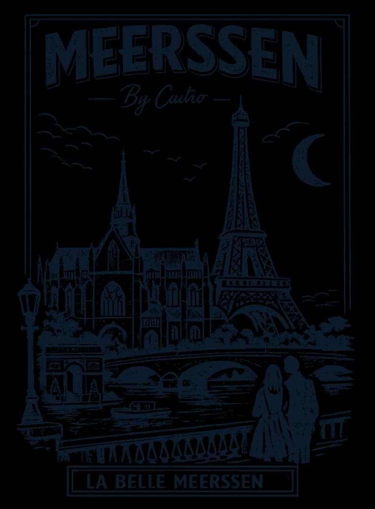 Vintage reisposter "La Belle Meerssen": de basiliek van Meerssen naast de Eiffeltoren