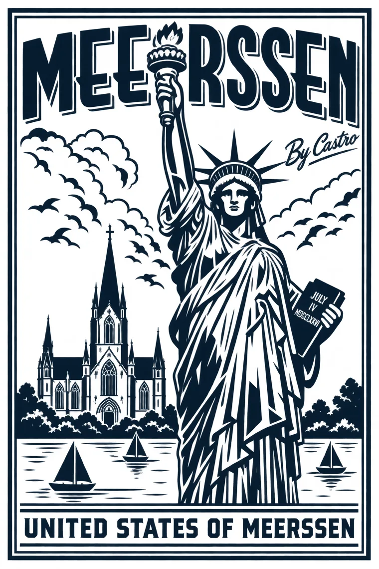 Vintage reisposter "United States of Meerssen": het Vrijheidsbeeld naast de basiliek van Meerssen