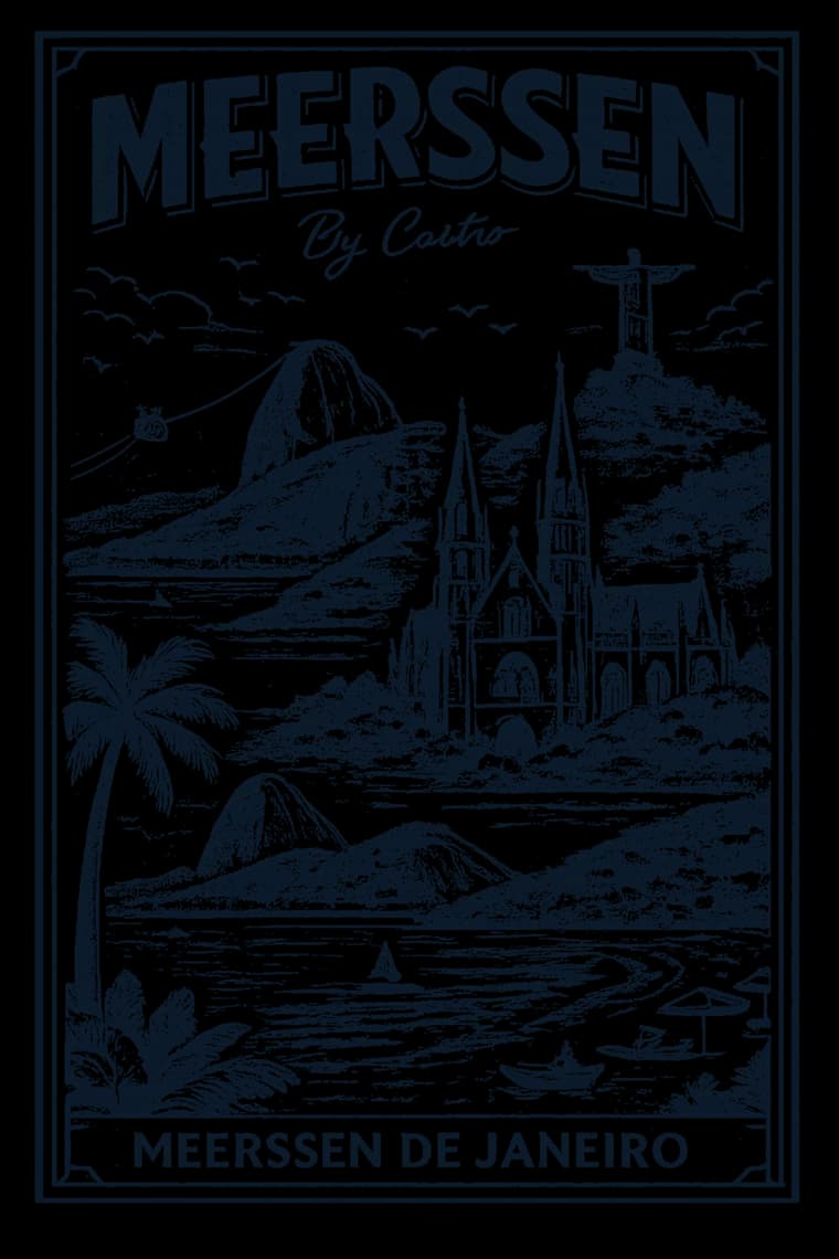 Vintage reisposter "Meerssen de Janeiro": de basiliek tussen de bergen en het strand van Rio