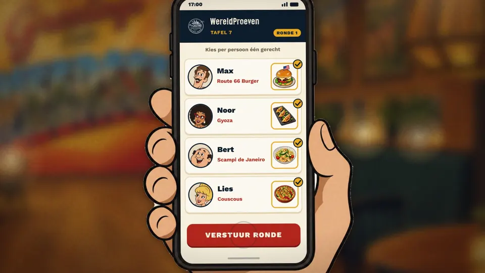 Telefoon met de bestelapp: per gast één gerecht en de knop Verstuur ronde