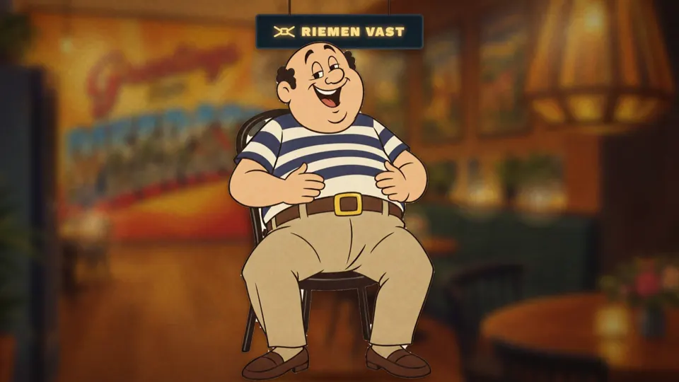 Lachende gast met een riem die een gaatje losser mag